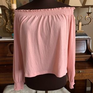 Cute Long Sleeve Off the Shoulder Pleaded Pink Top